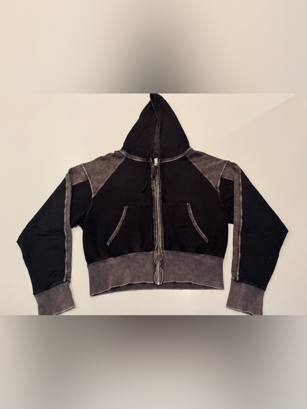 Free People Two-Tone Washed Black & Gray Cropped Zip Hoodie